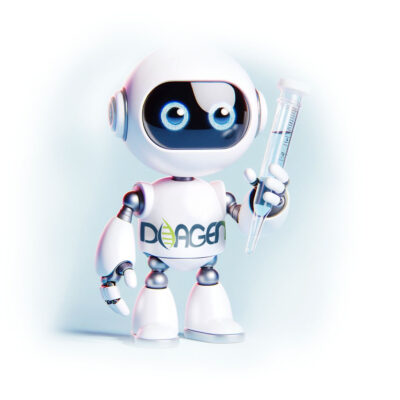 DALL·E 2024-03-28 01.39.16 - Modify the image of the white robot character with glossy eyes to add a laboratory sampler in its right hand. The sampler should look like a typical p